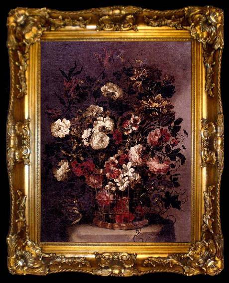 framed  CORTE, Gabriel de la. Still-Life of Flowers in a Woven Basket, ta009-2
